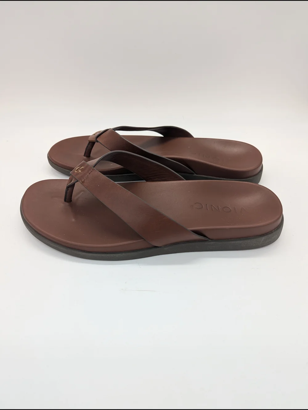 Vionic Elijah Men Brown Leather Supportive Flip Flop Sandals 10 Orthotic Comfort